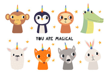 Fototapeta premium Cute animals with rainbow unicorn horns illustration isolated. Friendly playful cartoon characters. Whimsical kid, nursery print design, clipart element. Hand drawn vector. Little dreamer, imagination