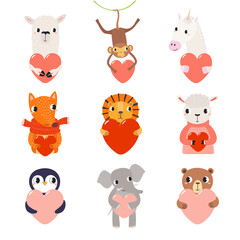 Fototapeta premium Cute animals with hearts for Valentines day illustration isolated. Friendly playful cartoon characters. Whimsical kid, nursery print design, clip art element. Hand drawn vector. Love and friendship