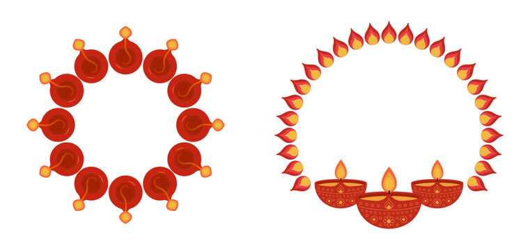 Diwali burning diya oil lamps illustration isolated set. Indian festival of lights decorations, Dipavali traditional design elements for banner, poster, card, vector clip art collection.
