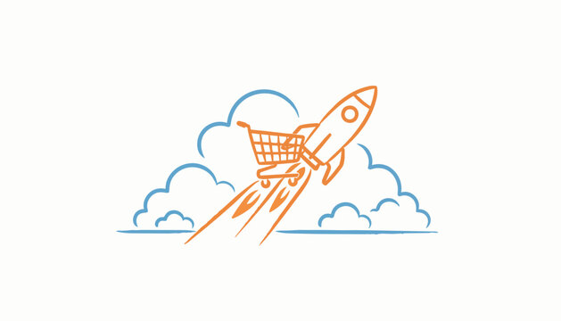 Rocket Ship Launching with Shopping Cart Sketch Vector