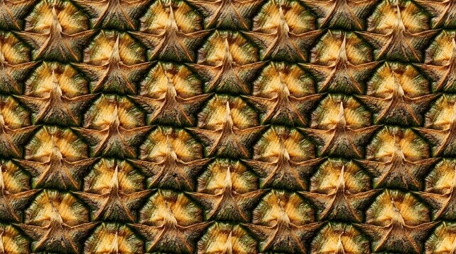 Detailed close up macro photography of pineapple skin texture featuring geometric brown and golden diamond shapes for natural organic food backgrounds
