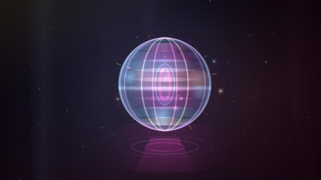 Abstract glowing orb with luminous rings floating in a starry space background.