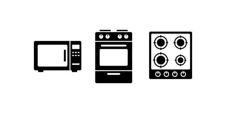 Kitchen appliances microwave oven and stovetop for cooking and food preparation in home and commercial settings.