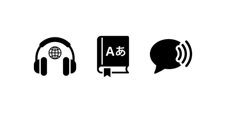 Headphones with globe icon and language book with Japanese characters for translation and audio learning services.