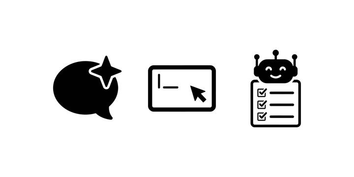 Set of three simple black icons: speech bubble with star, input field with cursor, and robot icon on checklist for communication, data entry, and automation concepts.