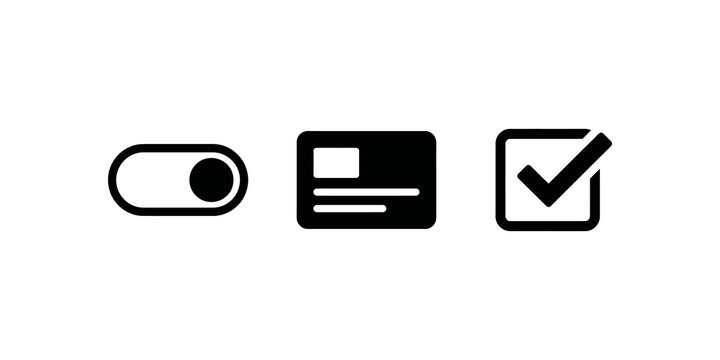 Collection of simple black icons including toggle switch, credit card, and checkmark in a square box for digital interfaces and UI design elements, user experience concepts.