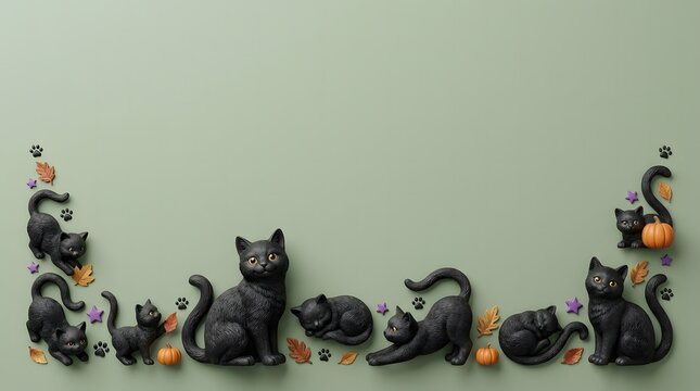 A charming halloween display featuring multiple black cat figurines and festive pumpkin accents