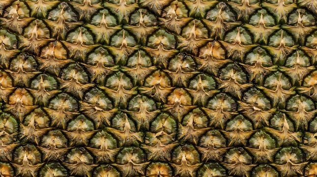 Detailed close up texture of fresh pineapple skin pattern showing natural organic spikes and earthy green and yellow colors for tropical food background