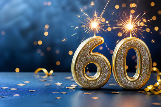 Two golden, glittery numbers "60" are displayed on a dark blue surface with sparkling lights in the background.