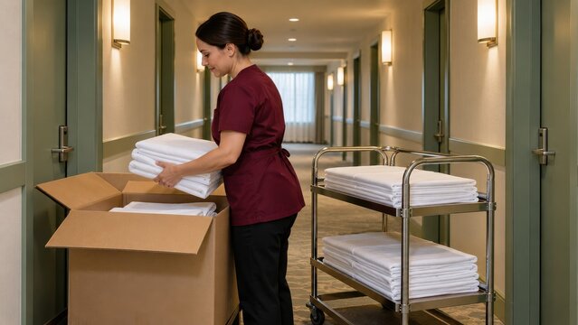 Workers prepare clean towels in a hotel hallway during the day