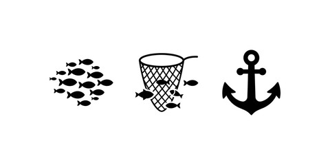 Black icons of a school of fish fishing net and anchor symbolizing fishing marine life and nautical themes. ©  شفافة خلفية