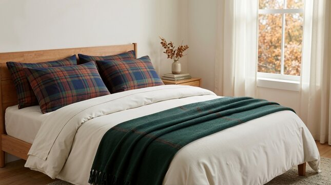 Cozy bedroom interior with fall plaid pillows and green throw blanket. Wooden bed with autumn bedding and window view