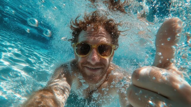 Man underwater gives a thumbs up with sunglasses in clear turquoise water. Ideal for concepts of success, relaxation, travel, and enjoying summer.