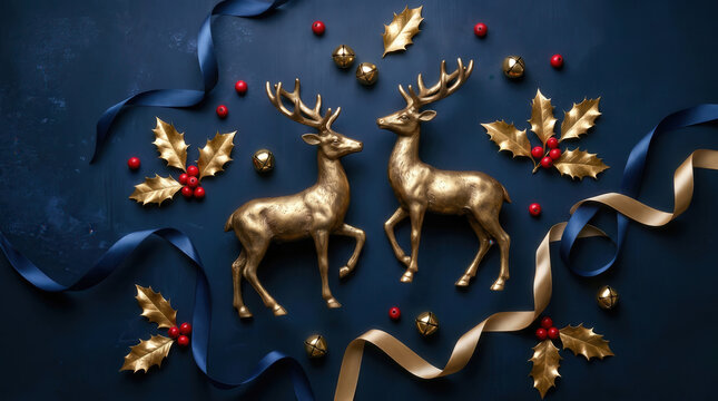 Golden Christmas reindeer with holly and ribbon on navy blue background