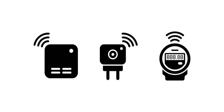 Smart home device icons featuring wireless signals, indicating connectivity and smart functionality for modern living spaces.