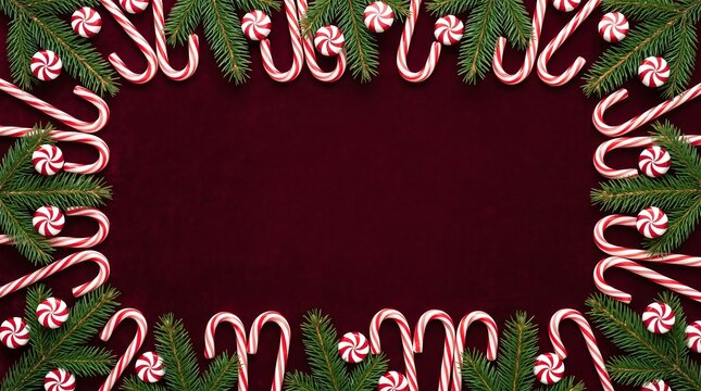 A festive Christmas border made of candy canes, peppermint swirls, and evergreen branches on a rich dark red velvet background for holiday invitations