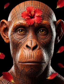 Artistic portrait of chimpanzee with geometric pattern skin. Red hibiscus flower on forehead. Surreal monkey face with intricate mandala tattoos against black background. Concept of spiritual nature,
