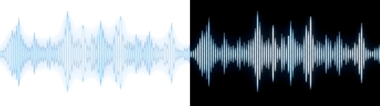 Sound wave of glowing blue pixel equalizer bars for music and audio designs in PNG, Transparent and Black Background Versions