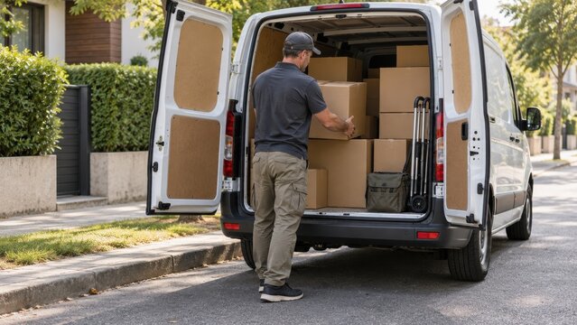 Delivery person loads boxes into van on a street lined with trees and homes in daylight