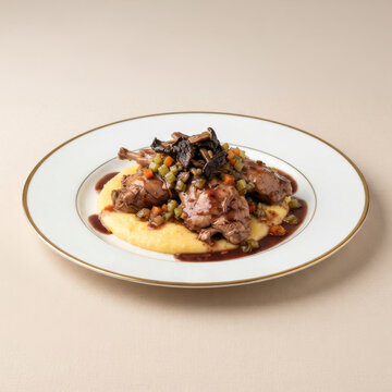 Rabbit leg in wild mushroom sauce with creamy polenta - Coniglio alla Langarola 