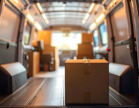 Cardboard boxes packed inside the rear of a delivery van, ready for distribution and transit