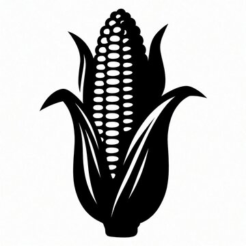 Black silhouette of corn cob with green leaves. Organic maize plant icon isolated on white background. Simple design for agriculture logo food packaging. Farm fresh vegetable symbol for healthy