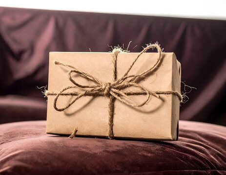 A rustic brown paper gift box tied with twine sits on a dark textured surface, ready for celebration.