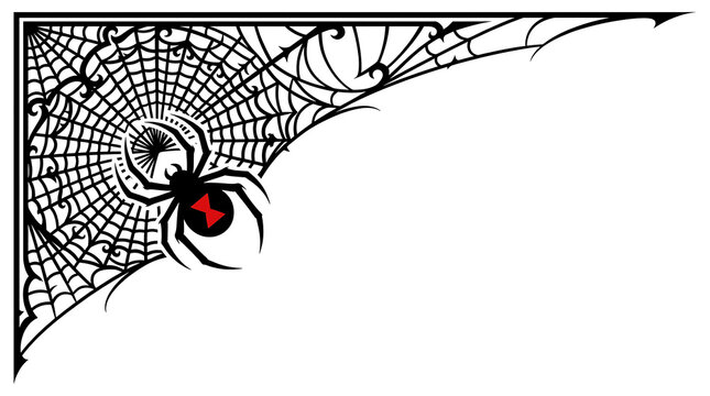 Halloween spider web corner bracket with black widow spider isolated
