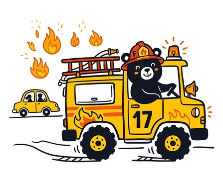 Cute black bear firefighter driving a yellow fire engine truck with bright flames and ladder in a colorful vector illustration