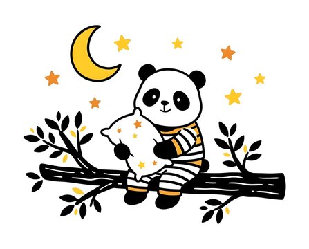 cute panda bear holding a soft white pillow sitting on a tree branch at night with yellow moon and stars in hand drawn vector illustration style