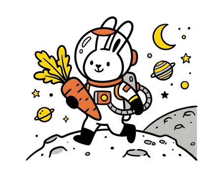 cute space bunny astronaut walking on the moon holding a giant carrot with stars and planets in the background in a colorful cartoon vector illustration