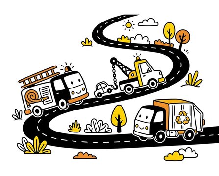 cute emergency vehicles driving on winding road vector illustration with fire truck tow truck and recycling truck in yellow and white color theme
