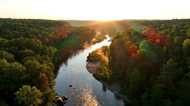 Serene River Flow at Sunrise: An aerial view captures a meandering river cutting through a lush, dense forest as the sun rises, casting a warm.