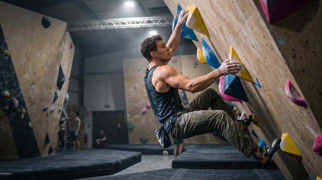 Athletic young man climbing steep wooden wall with colorful holds at indoor bouldering gym during strength workout training session AI generated