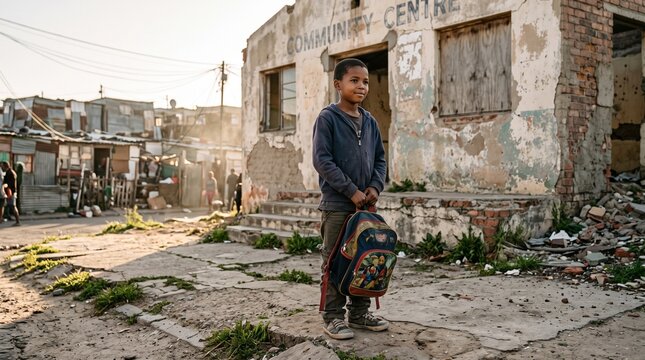 Young African boy holding school backpack standing outside dilapidated community center building in impoverished rural area AI generated