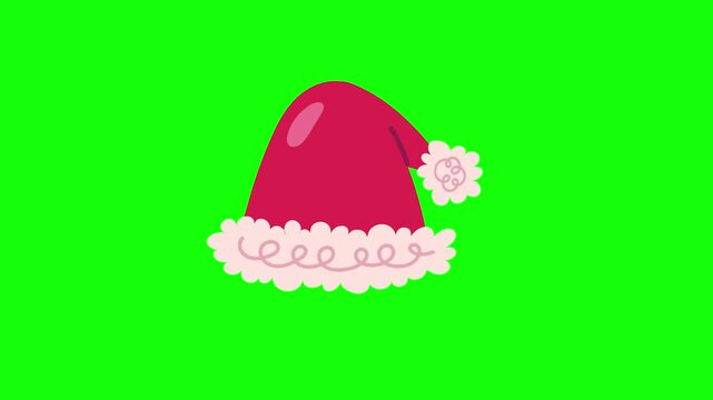 Vibrant cartoon illustration of a festive red Santa hat with fluffy white trim and pompom on green screen background