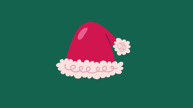 Vibrant red cartoon Santa hat with fluffy white trim and pom pom against a solid dark green background