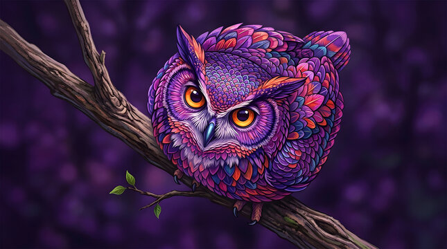 Colorful Owl on Branch Purple Illustration