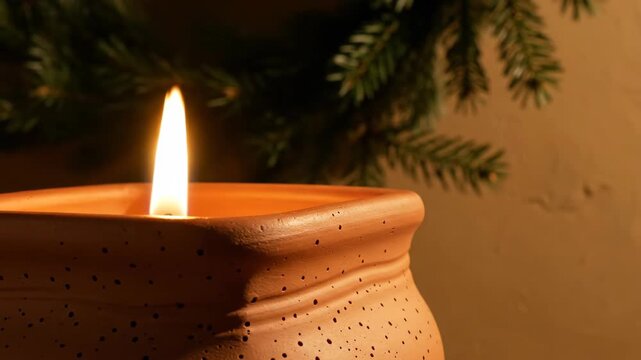 Speckled terracotta candle vessel holds a bright golden flame beneath hanging evergreen branches, with a warm ochre backdrop and curved clay rim defining a rustic Christmas close-up in soft shadows