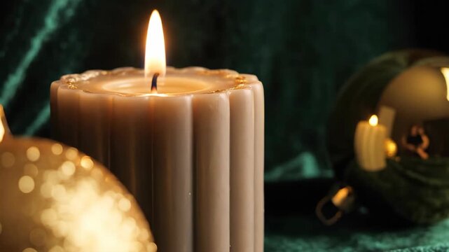 Fluted cream pillar candle glows among gold Christmas baubles on green fabric, with a recessed wax pool and upright flame bringing tactile detail to a cozy festive close-up against a dark backdrop