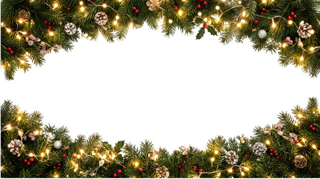 Festive christmas garland with lights and ornaments isolated on transparent background