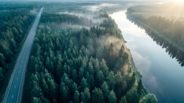 Aerial View of River and Road through Forest at Dawn