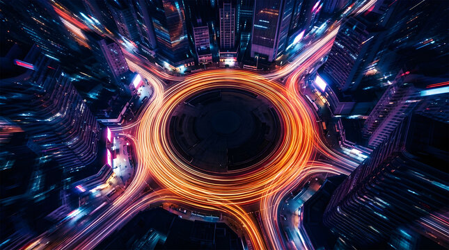 Aerial Night View of City Roundabout Light Trails