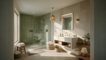 Fototapeta premium Vista angular de un baño contemporáneo con ducha de cristal transparente, panel de pared verde oliva, lavabo flotante blanco, espejo cuadrado, lámparas de ratán y un taburete de madera