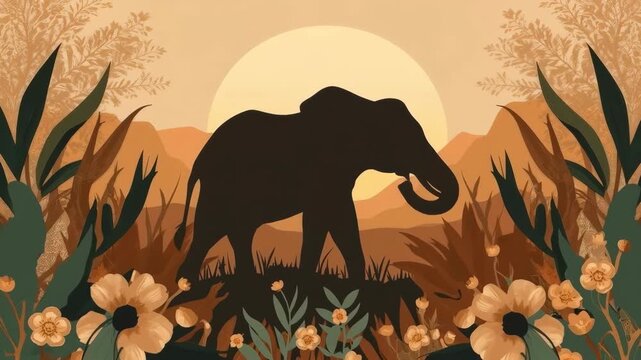 Elephant Silhouette at Sunset Across African Savanna Landscape, Calm Wildlife Scene