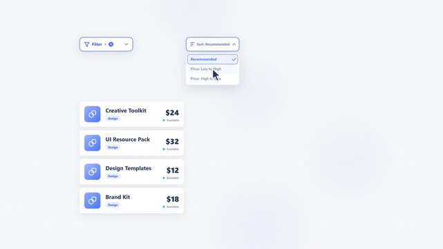 A modern premium filter and sort UI interaction animation. A cursor opens the filter panel, transfers the selection from All to Design, and the product list recomposes as items exit, move up and enter
