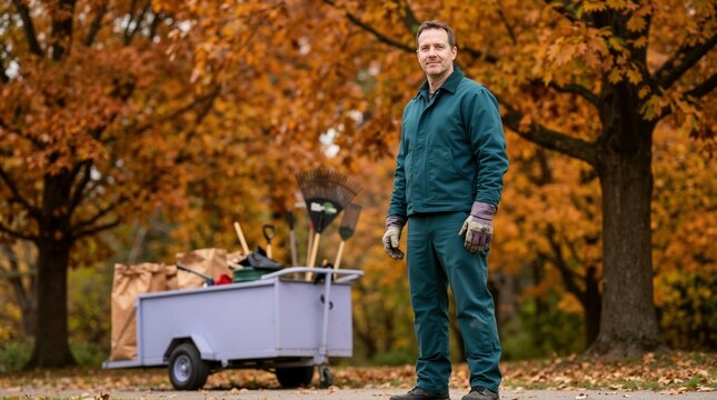 Portrait of groundskeeper standing beside utility cart in autumn park. Landscape worker with rakes and leaf bags