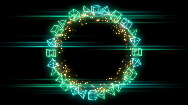 Cyan Digital Cube Ring Hud on Black Background