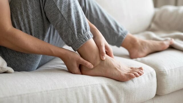 Woman sitting on a sofa massaging her aching foot and ankle due to pain or fatigue.