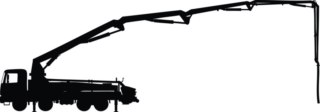 Black silhouette of a concrete boom pump truck with extended boom on white background, concrete pump truck